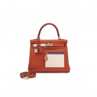 HERMÈS MASTER LIMITED EDITION CUIVRE, NATA, BLEU BRUME, CHAI AND LIME SWIFT COLORMATIC KELLY 25 RETOURNE PALLADIUM HARDWARE (25*17*7cm) 